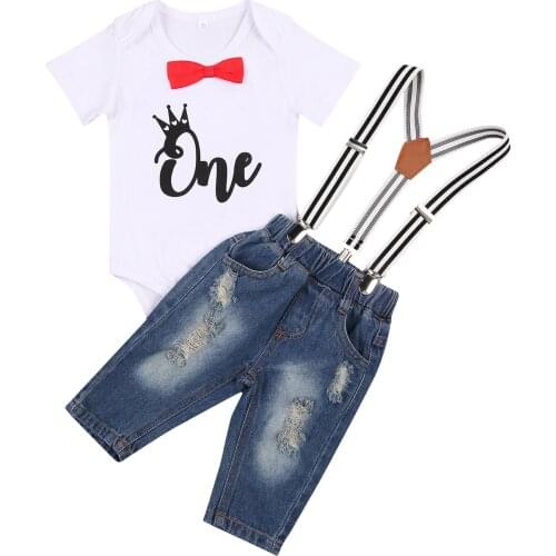 Baby Boys Casual Outfits, Cartoon Letter Printed Romper with Denim Ripped Suspender Pants Little Gentleman Clothes Sets