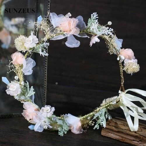 Yarn Pink Flowers Garland For Wedding New Craft Bridal Headbands Marriage Accessory SQ308