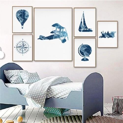 Blue Travel Nursery Wall Art Canvas Painting Pictures Hot Air Balloon Prints Train World Map Adventure Poster Kids Room Decor