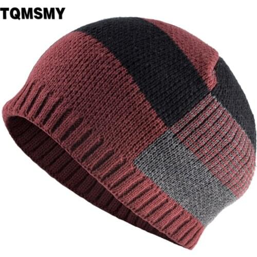 TQMSMY Knitted Plaid Skullies Beanies Men Winter Warm Knitting Beanie Hat Boys Fashion Hip Hop Gorras Hats Thick Velvet Hat E60