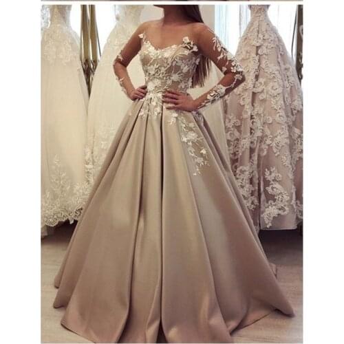 Robe De Soiree Evening Dress Long Satin Appliques Long Tulle Sleeves Prom Vestidos Party Gowns Evening Gowns