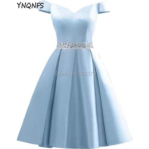 YNQNFS CD56 Real Girls Short Prom Dress Off Shoulder Sky Blue Party Dress Short Bridesmaid Dresses 2019