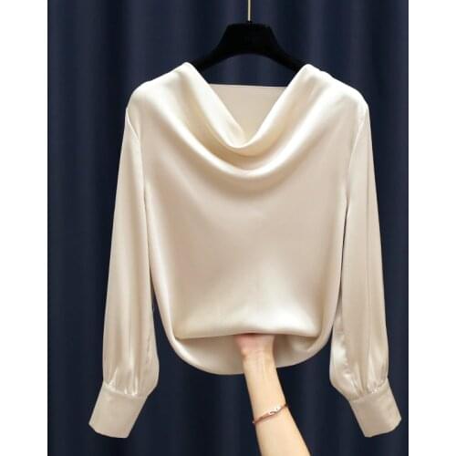 Fashion high-grade airy neckline satin blouse long-sleeved chiffon blouse Plus Size Women Chiffon Blouse Shirt Elegant