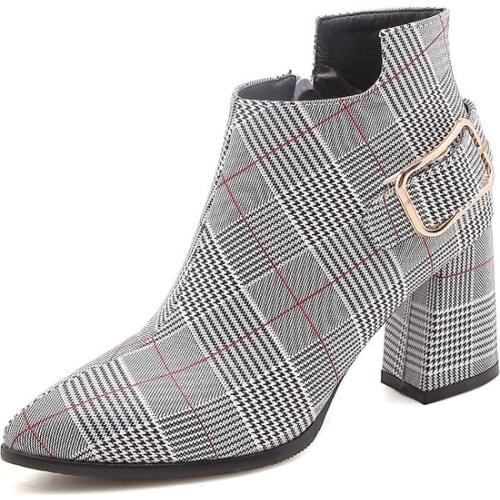 2019 Large Size Women Boots Fashion Plaid Pointed Toe High Heels Womens Shoes Sexy Autumn Winter Ankle Boots female n245