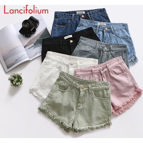 Korean Fashion Candy Colors Denim Shorts Summer Women Distressed Tassel School Sweet Preppy Streetwear Casual Jeans Shorts 2021