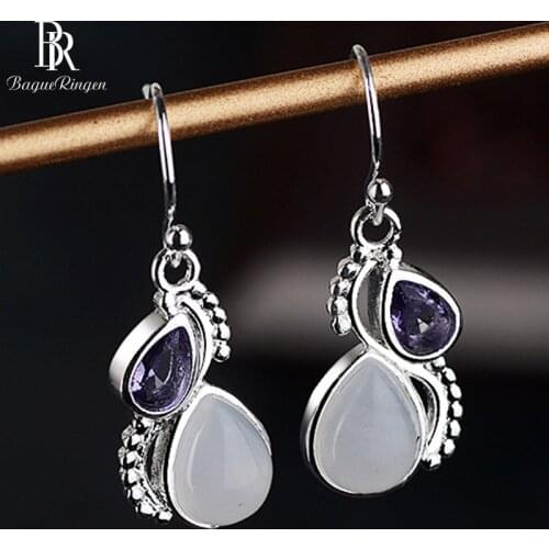 Bague Ringen Silver 925 Drop Earrings Jewelry with Amethyst Water Drop Shaped Gemstone Earrings for Women Wedding Party gift