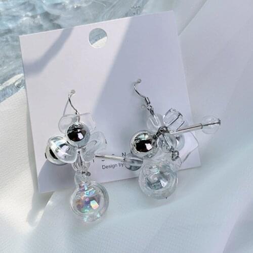 VSnow Japanese Statement Glass Round Ball Dangle Earring for Women Fashion Transparent Flower Asymmetric Hook Earring Jewellery