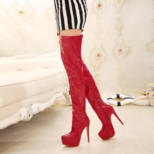 Womens High Boots Over-the-Knee Patent Leather Pointed Autumn Platform Boots Small Heel Black Sexy Female Boots Zip-Back 44