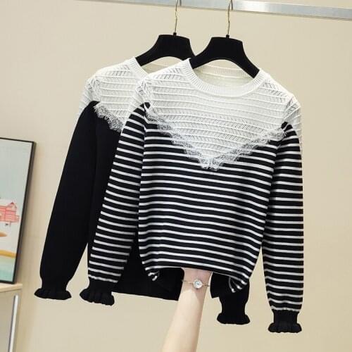 Fungus Edge Sleeve Elegent Knitted Pullovers Women 2021 Fashion Contrast Color Patchwork Chic Sweater O-neck Fall Sueter Mujer