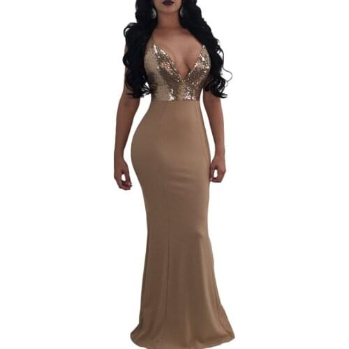 Hitmebox 2019 Womens Sexy V Neck Spaghetti Straps Backless Party Full Length Elegant Sequin Patchwork Night Club Maxi Dresses