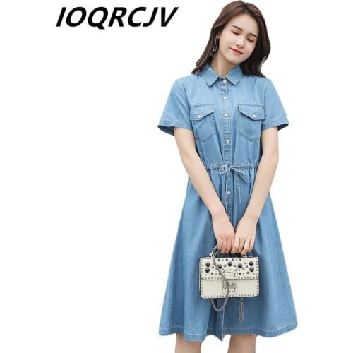 Large Size Women Denim Dress 2019 Summer New Casual Fashion Single-Breasted Elastic Belt Short-Sleeve Denim dress Female Vestido