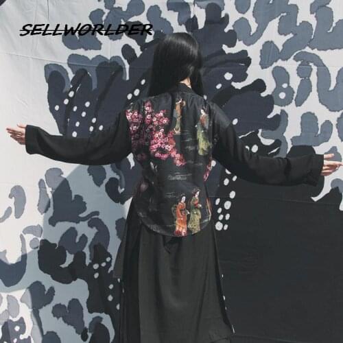 Woman Japanese Kimono Cardigan Sakura Top Maid in the garden Print Tied Autumn shirt