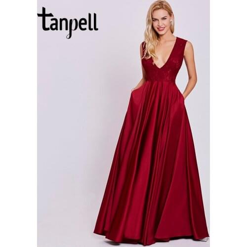 Tanpell sexy v neck evening dress rust red sleeveless floor length a line gown cheap women prom lace long formal evening dresses