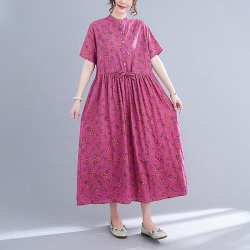 2021 New Arrival Thin Soft Cotton Linen Loose Women Casual Summer Dress Print Floral Vintage Dress Office Lady OL Work Dress