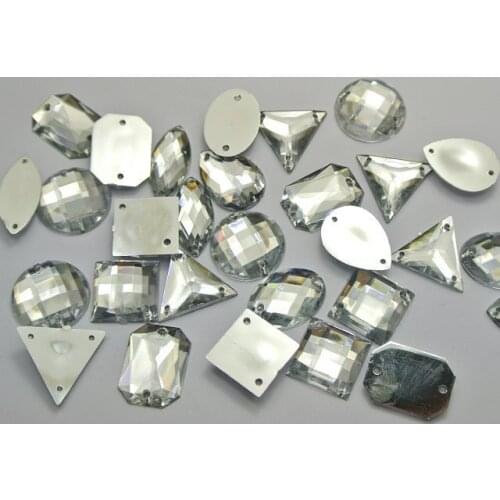 100 Clear Color Flatback Acrylic Sewing Rhinestone Assorted Shape Sew on beads
