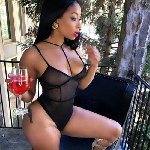 2020 Summer Womens V-neck Sexy Mesh Transparent One-Piece Bodysuits Black Mesh Sheer Homewear Teddies Jumpsuits Exotic Bodysuit