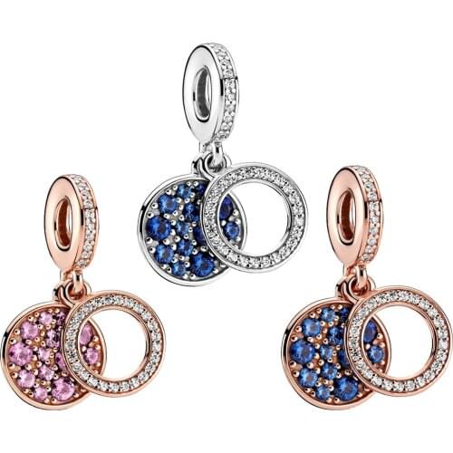 2020 Winter New 925 Sterling Silver Beads Sparkling Pink Disc Double Dangle Charm fit Original Pan Bracelet Christmas Jewelry
