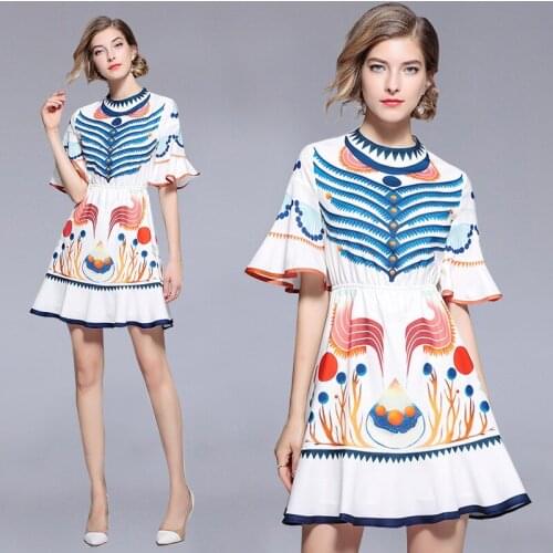 2021 Fashion Hot Style Silky Soft Imitation Silk Fabric Stand-up Collar Retro Print Ladies High-waisted Big Swing Dress