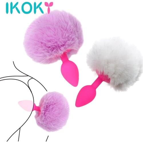 IKOKY Adult Sex Toys Hair Ball Rabbit Tail Anal Plug Feather Pull Beads Silicone Butt Plug Women Men Masturbation Flirt Toys