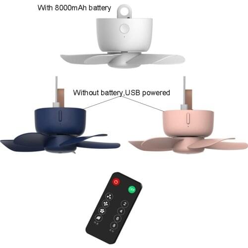 USB Rechargeable Remote Control Timing Silent Ceiling Fan 4 Speed Hanging Fan for Dormitory Bed Camping Outdoor Tent