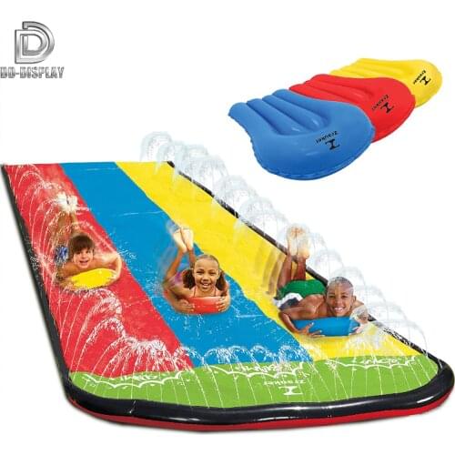 AddFun Triple Water Slide Slip 16 Foot Splash and Slide for Backyards 3 Sliding Racing Lanes & Sprinklers Durable Construction