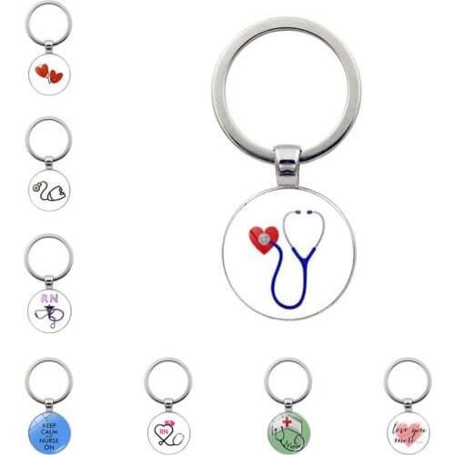 BTWGL Fashion Nurse Medical Syringe Stethoscope Image Keychain Glass Cabochon And Glass Dome Key Ring Pendant Gift