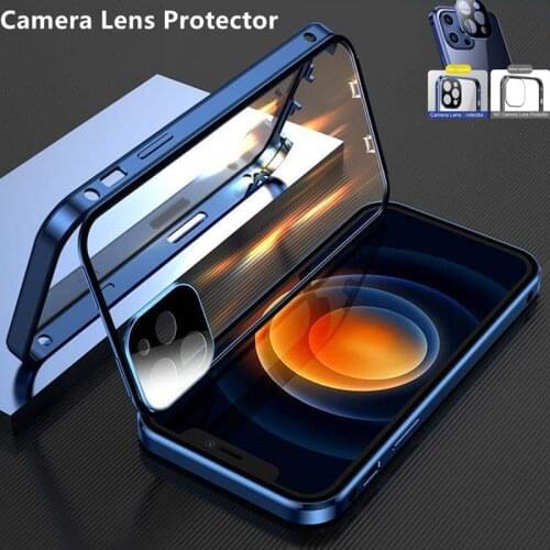 Double Side Glass Magnetic Metal Phone Case For iPhone 11 12 Pro Max 12Mini With Camera Lens Protection Magnet Cover Case Coque
