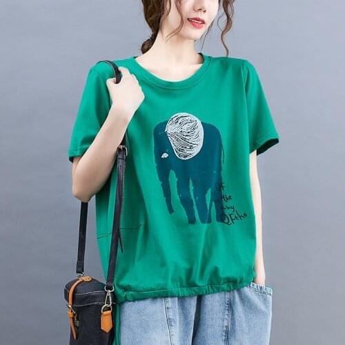 Pure Cotton Tshirt 2021 New Print Elephant Cartoon Sweet Girls Summer T Shirts Loose Tops Korea Style Women Casual T Shirt Tees