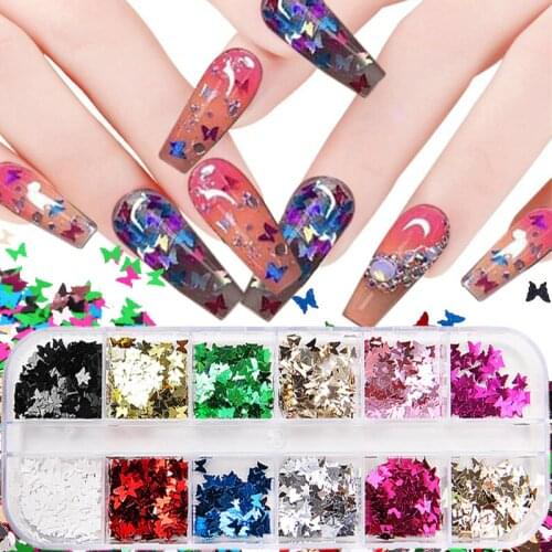 12 Colors Butterfly Shape Nail Flakes Holographic Paillette 3D Laser Glitter Bow Tie Sequin Nail Art Tips Decorations DIY Tools
