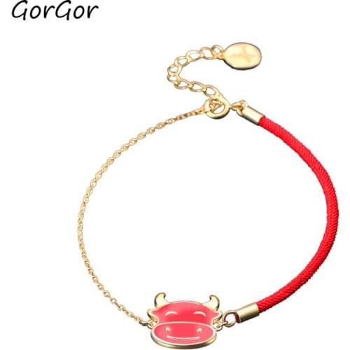 GorGor Bracelets Women 925 Sterling Pattern Cattle Red Rope with Chain Feel Stable Change Color Individuality Jewelry YL0006