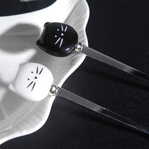 Stainless Steel Handle Cartoon Ceramic Cat Coffee Spoon Ice Cream Dessert Teaspoon Creative Household Tableware Cute Small Spoo