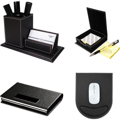 Kingfom 4 Pcs Modern Upscale PU Leather Office Supplies Sets Stationery Storage Box Card Holder Pen Holder Desk Sets Brown T49K