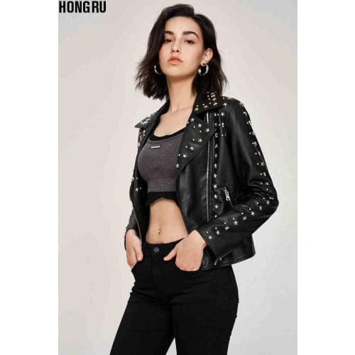 Fashion Rivet beading leather jacket Locomotive zippe stitching pu Leather Jacket female Punk Motorcyle Jackets F2356