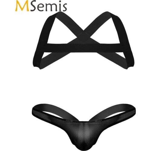 Mens Lingerie Briefs Underwear Set X-Shape Back Elastic Shoulder Chest Harness Belt with See-through Open Back G-string Thong