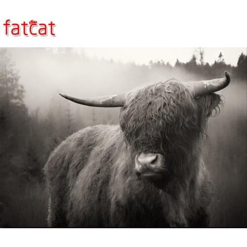 FATCAT 5D Full Square round diy handmade diamond embroidery mosaic painting kit Highland-Cattle buffalo picture Decor AE099