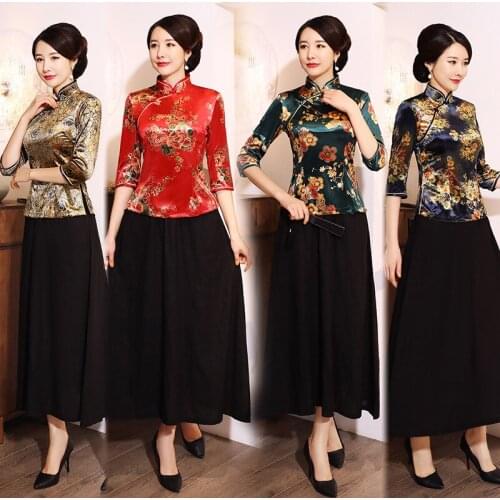 Spring Autumn Winter Gold Velvet Shirt Cheongsam Daily Performance Mother Dress Fashion Large Size Was Thin Banquet Qipao Dress