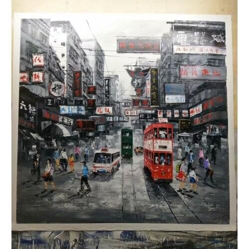 Original Artwork High Quality Abstract Knife painting- Hong Kong Street Double-decker Bus 100% Hand Painted on Canvas