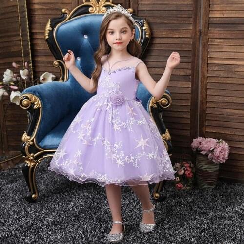 Girls Dresses for School Performance Embroidery Stars Kids Girls Mesh Ball Gown Dress Purple Girls Dresses for Performance New