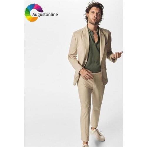 Khaki Slim Fit Casual Men Suits Blazer Wedding Tuxedos Groom Wear 2 Pieces (Jacket+Pants) Terno Groomsman Suits Costume Homme