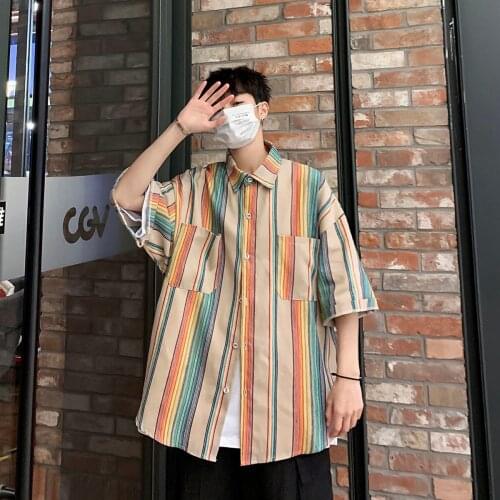 Shirt 2021 Summer New Color Stripe Short Sleeve Work Mens Trend Student Streetwear Fashion Tidal Current Hot Sale