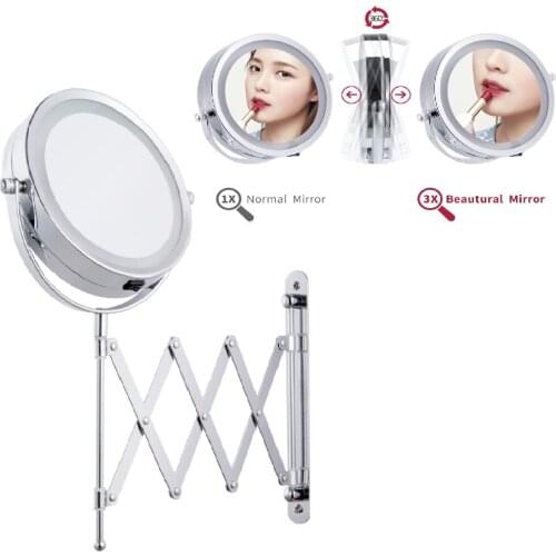 Folding Arm Cosmetic Mirror 3X/5X/10X 2-face Extend Illuminated Magnifying Wall Mounted Mirror with Light Makeup Bath Mirrors