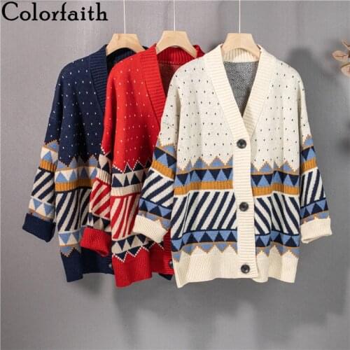 Colorfaith New 2021 Womens Autumn Winter Sweaters V-Neck Oversized Elegant Buttons Cardigans Checkered Vintage Tops SWC1377JX