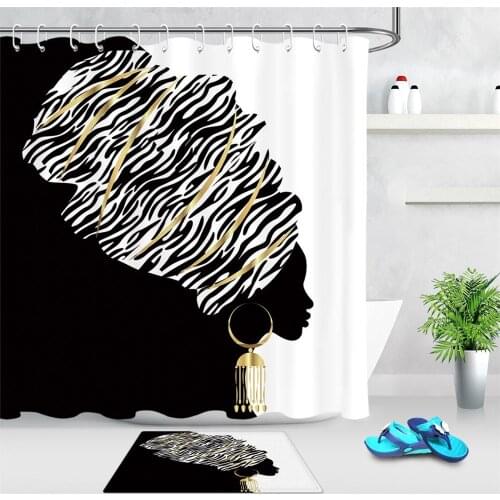 African American Woman Shower Curtain Abstract Design Black and White Bathroom Decor Waterproof Polyester Fabric Bath Curtain