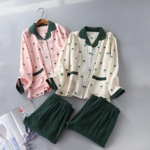 Womens Washed Texture Crepe Double Layer Cotton Gauze Button Pocket Pajamas Home Set Raindrop Printing Pajamas for Teen Girls