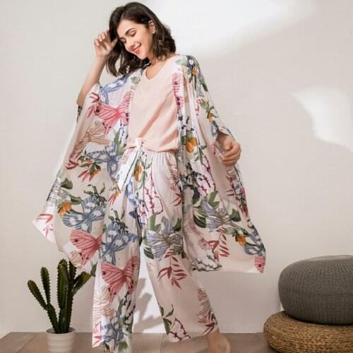 Women Pajamas Sets Autumn Butterfly Floral Printed Elegant 4 Piece Pyjamas Viscose Female Night Suits Korean Retro Sleepwear Set