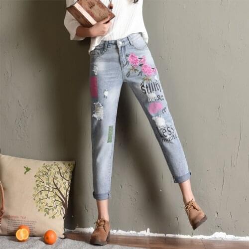 2020 Jeans Woman Flowers Hole letter Embroidery Boyfriend Ripped Jeans for Female Harajuku Print Pantalon Stretch Trousers