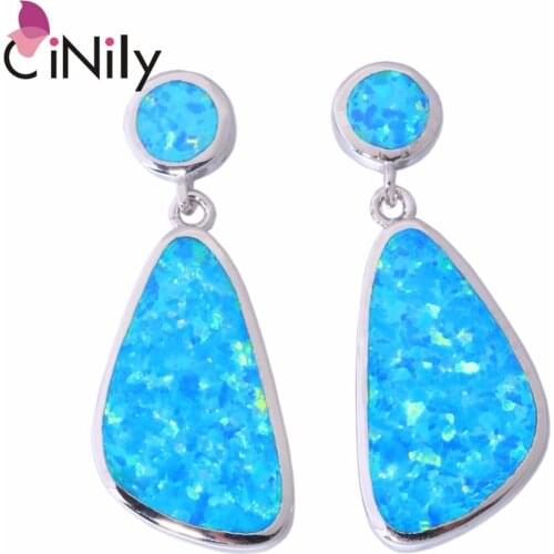 CiNily Created Blue Fire Opal Silver Plated Wholesale Fashion Jewelry for Women Christmas Gift Drop Earrings 1 1/8" OH4412