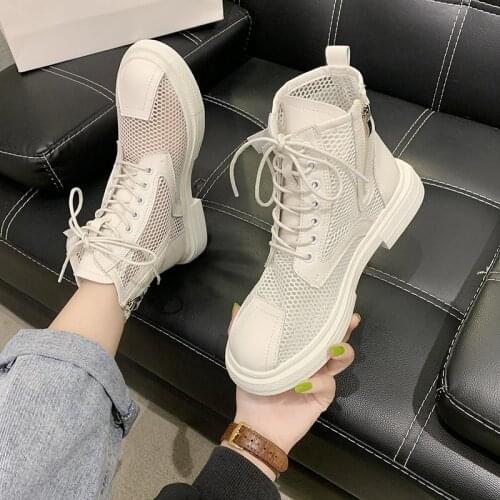 Hollow Out Mesh Summer Ankle Boots for Women Breathable Zipper Lace Up Casual Shoes Woman Low Heels Short Booties White