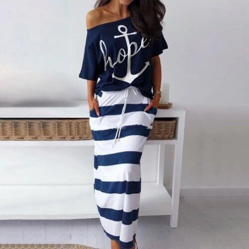 Summer Boat Anchor Top Print Stripe Dress Short Sleeve Off Shoulder Beach Skirts And Top Casual Loose 2 Piec O-Neck Women Set