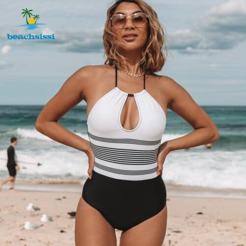 Beachsissi Womens Stripe Print 1 Piece Swimsuit Halter Neck Bikini Swimwear Cutout Front Summer Sexy Swimming Bahting Suit